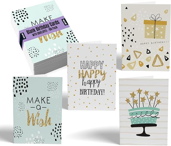 Better Office Products Happy Birthday Cards, 100 Pack, 4 x 6 Inches, 4 Cover Designs, Blank Fill, Envelopes Included, Elegant Gold Collection, 100 Pack
