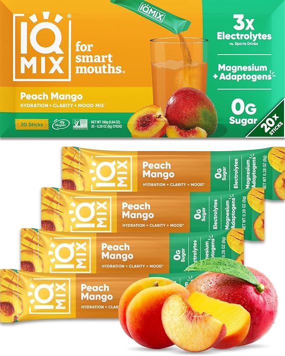 IQMIX Hydration Electrolytes Powder Packets, Peach Mango 20-Count | Sugar Free Drink Mix Sticks | Magnesium L Threonate, Potassium, Sodium, Lion's Mane, Keto, Clean Label Project Certified