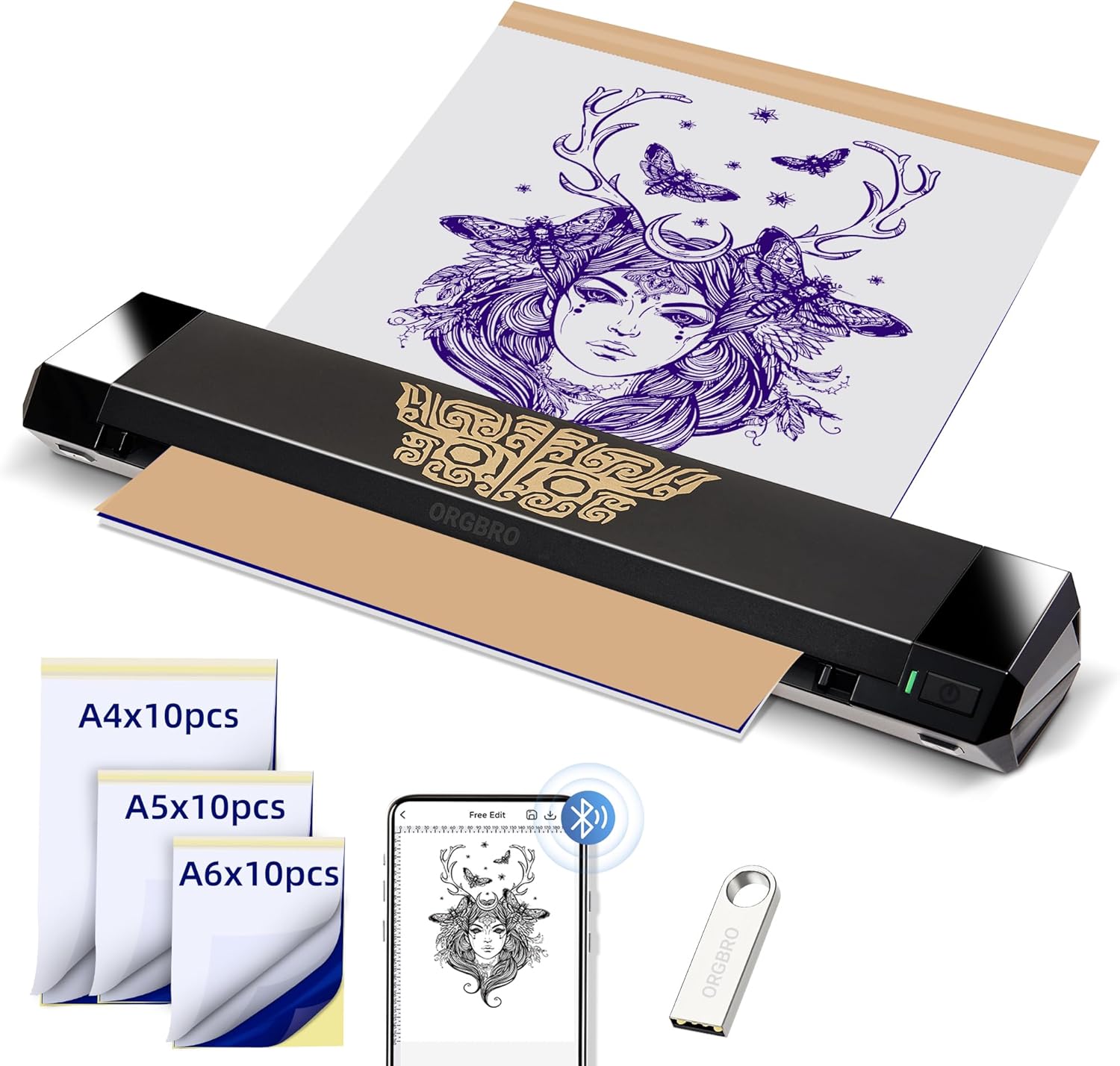 ORGBRO Tattoo Stencil Printer, X8 Thermal Tattoo Printer with 30pcs Transfer Paper, Portable Bluetooth Wireless Tattoo Machine for Professional Artists & Beginners, Compatible with PhoneTabletPC