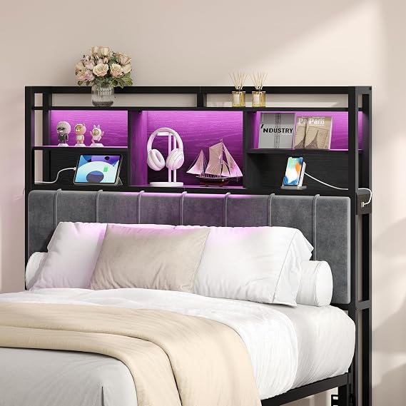 Hzuaneri Headboard with 3-Tier Storage Shelves, Full Size | Velvet Upholstered Head Board with 2 Outlets, USB Ports & LED Light, Soft Backrest for Full Size Bed, Black BH13804B