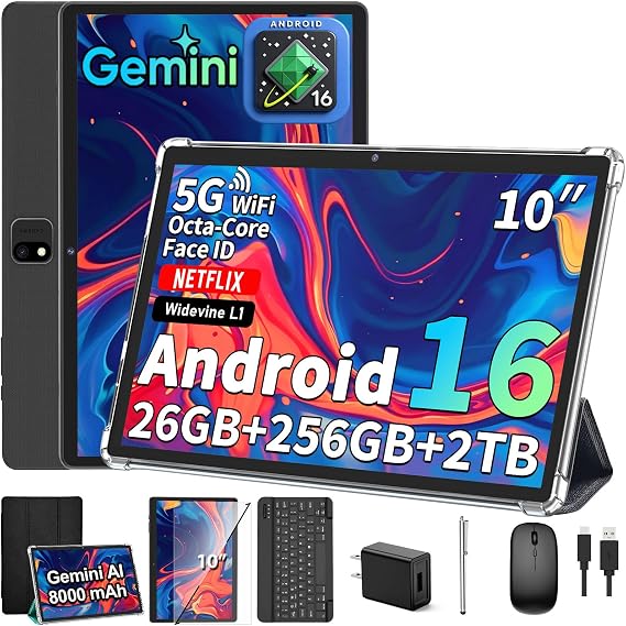 2026 Android 16 Tablet with Keyboard - 10 Inch Tablet with Gemini AI(Black)