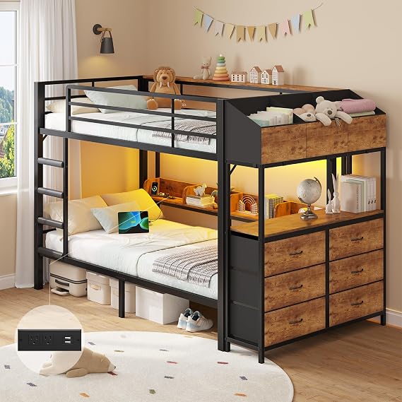 Twin Over Twin Bunk Bed with 6 Storage Drawers & 3 Boxes, Dual Side Shelves, Twin Bunk Beds for Kids with LED Lights and Charging Station, Heavy Duty Metal Bunk Bed with Safety Guardrail and Ladder