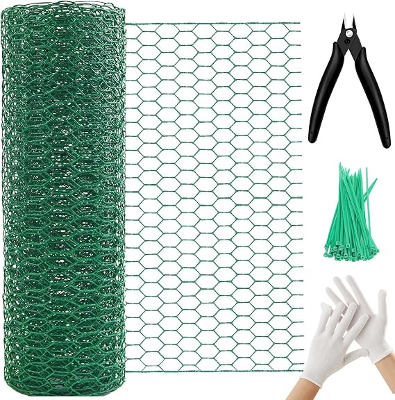 Chicken Wire 15.7in x 236in with a Pair of Gloves,1 Wire Cutter,50 Pcs Cable Zip Ties, Floral Chicken Wire Mesh 0.8in Hexagonal Galvanized PVC Coated Garden Netting Fence for Craft Poultry Garden