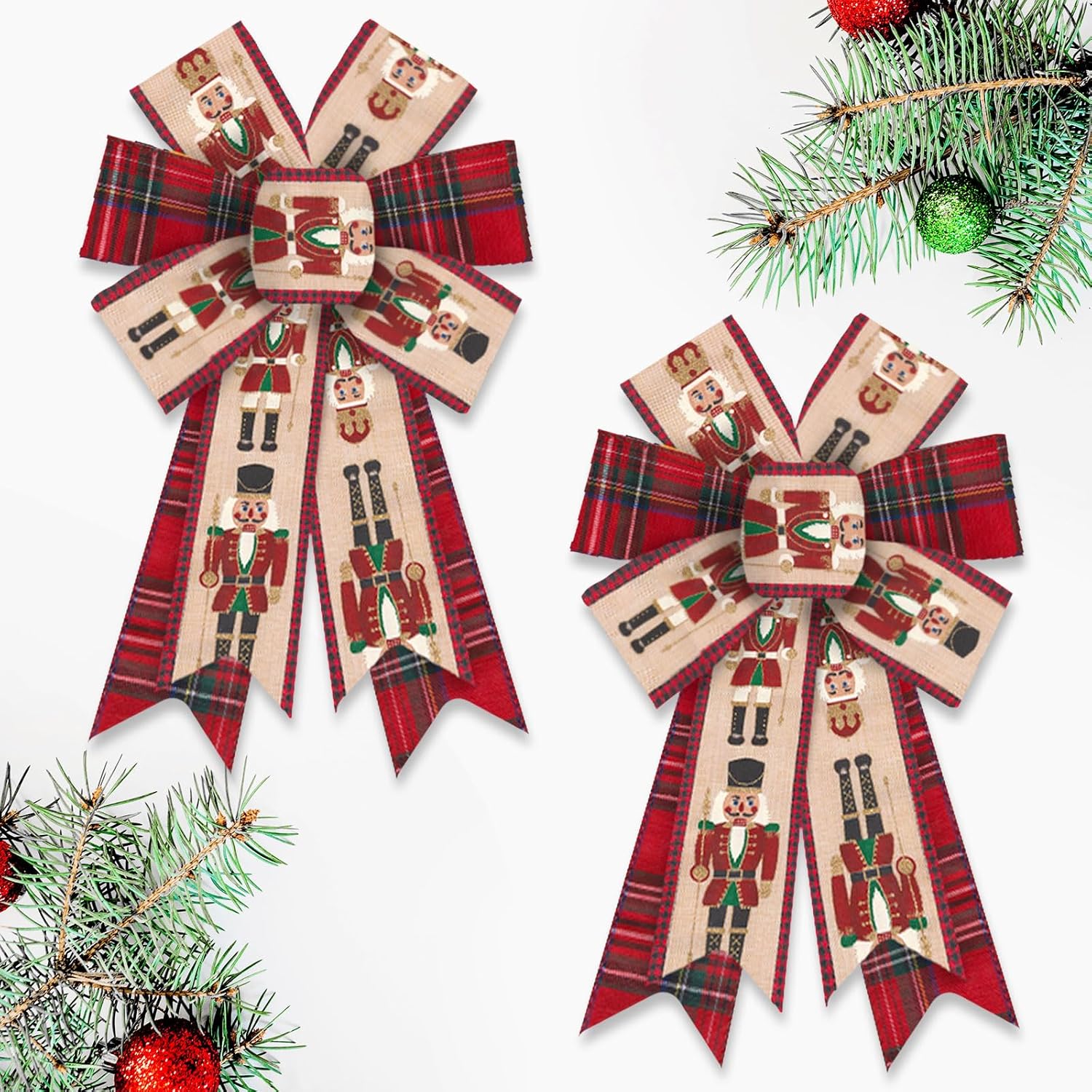 2pcs Christmas Nutcracker Bows for Wreath, 8.46 inch × 12.99 inch Red Buffalo Plaid Bow with Nutcracker Design, Wired Craft Bow for Holiday Tree Topper, Front Door, Indoor Decor