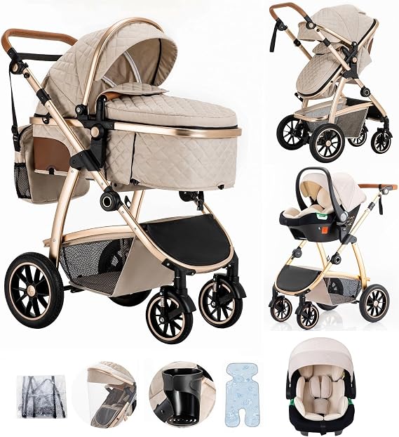 Baby Stroller 3 in 1, Pram Frame in Aluminium,22KG,0-4Years,Beige