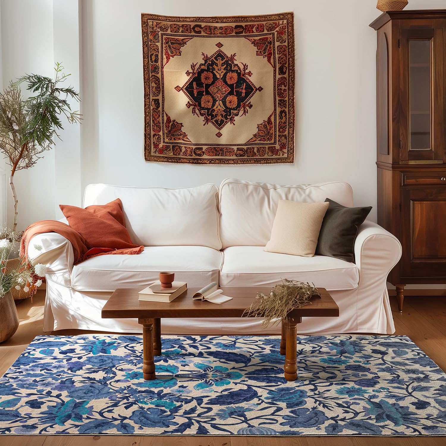 EVERGRACE Area Rugs for Living Room 5x7, Boho Floral Faux Wool Indoor Outdoor Rugs, Washable Rugs for Bedroom Dining Room Entryway Kitchen, Low Pile Floor Mat Carpet for Home Decor, Celtic Blue