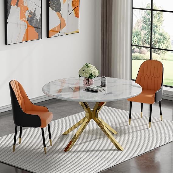 47" Round Marble Dining Table for 4-6, Modern White and Gold Dining Room Table with Gold Cross Mirrored Stainless Steel Legs, Luxury Circle Faux Marble Kitchen Table for Dining Room Apartment