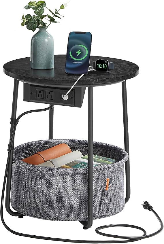 VASAGLE Side Table with Charging Station,Fabric Basket, Round End Table
