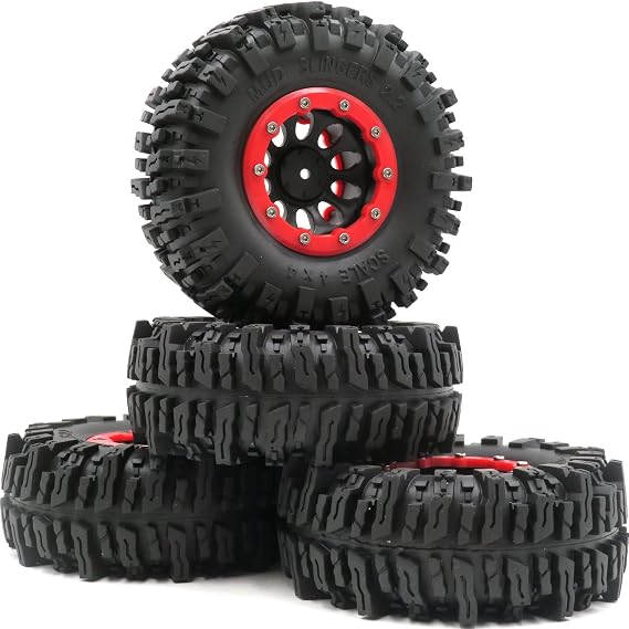 hobbysoul Set of 4 RC 2.2 Mud Slinger Tires Sticky Crawler Tires Height 124 mm & 2.2 Beadlock Wheels Rims Hexagonal 12 mm