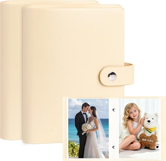 Aevdor 2 Pack Small 4x6 Photo Albums, 104 Photos Total, Beige | Leather Cover, Snap Button Closure, Acid-Free Top-Loading Pockets, Compact for Family, Wedding & Travel