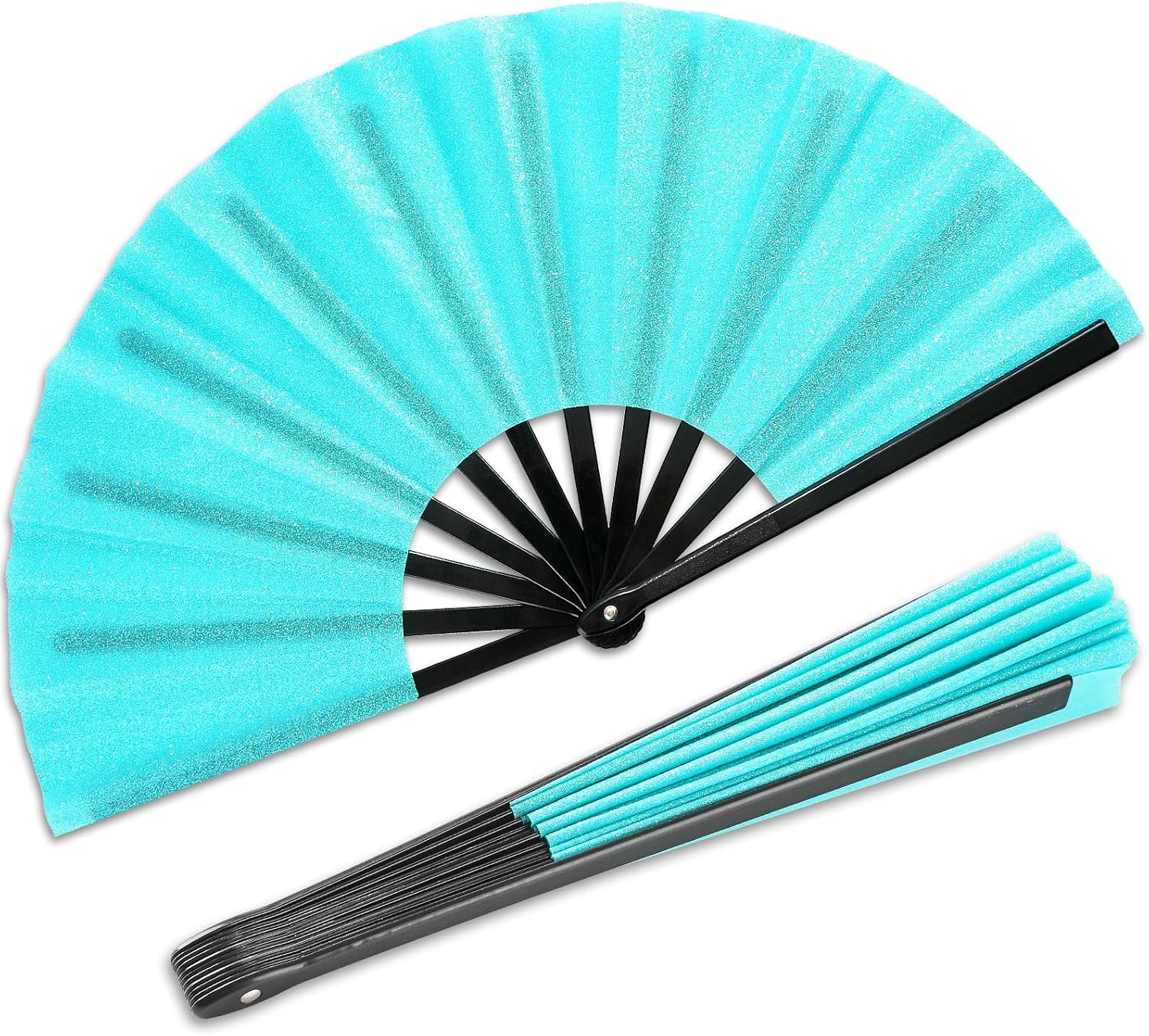 Qyeahkj Glitter Green Hand Fan Large Folding Hand Fan - Rave Clack Handheld Fans Chinese Tai Chi Kung Fu Fans for EDM Club Party Dance Performance Role Playing Concerts Supplies for Men Women