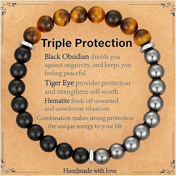 Triple Protection Mens Bracelet – Tiger Eye, Black Obsidian, and Hematite for Strength, Protection & Balance – Gift for Men, Fathers Day, Christmas, Birthdays, Anniversaries