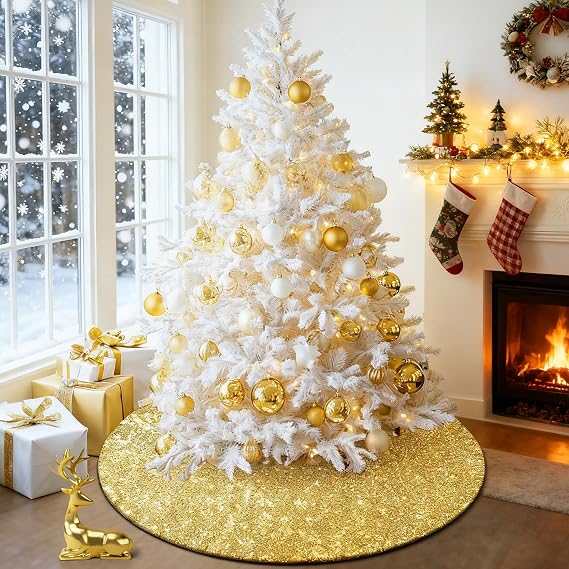 Gold Christmas Tree Skirt, 48 Inch Sequin Xmas Tree Mat - Glitter Tree Collar Double Layers for Gold Christmas Decorations&Ornaments