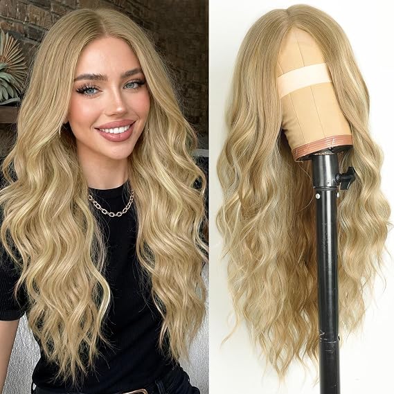 AISI HAIR Beige Blonde Wig for Women, Long Wavy Synthetic Lace Wig 26Inch | Heat Resistant Wig,Daily Party,Beginner Friendly,Natural-Looking Wig,Soft Silky Texture,Adjustable Wig Cap