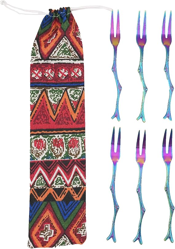 Set of 6 Appetizer Dessert Forks, WallyE 3.8 Inch Stainless Steel Fruit Cocktail Picks, Mini Salad Fruit Tasting Forks for Tea Party Wedding Party in Mermaid Rainbow Color