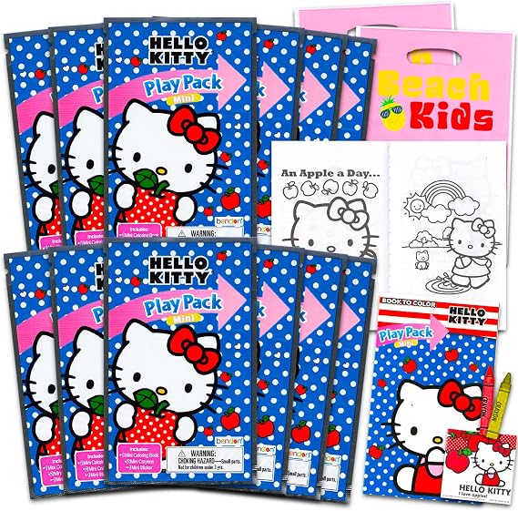 12 Pc Hello Kitty Mini Party Favors Set - Bundle with 12 Hello Kitty Play Packs | Mini Coloring Books, Stickers, and Goodie Bags (Hello Kitty Birthday Party Supplies Decorations)
