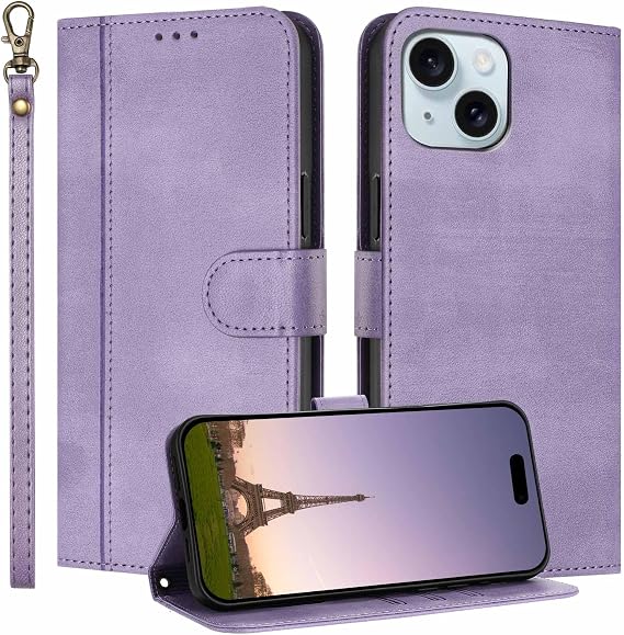 Wallet Case for iPhone 15 with Card Holder & Wrist Strap (Purple) | Card Slots, Cash Pocket, PU Leather Flip Cover, Magnetic Closure, Kickstand, Folio Protective Cases for iPhone 15 6.1 Inch