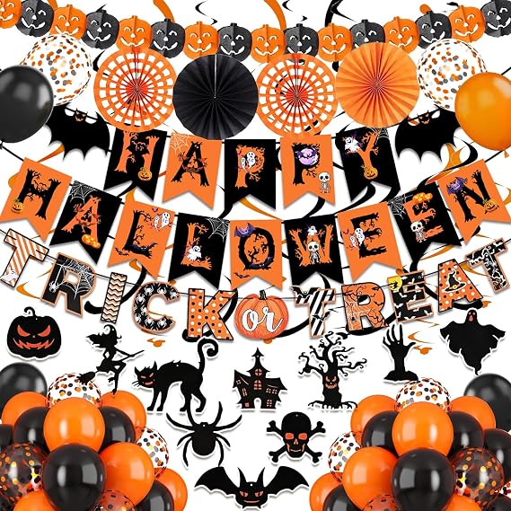 Happy Halloween Trick or Treat Banner Paper Fan Balloons & Swirl Streamers Goul Bat Cat Bird Ghost Pumpkin Lantern for Party Decorations