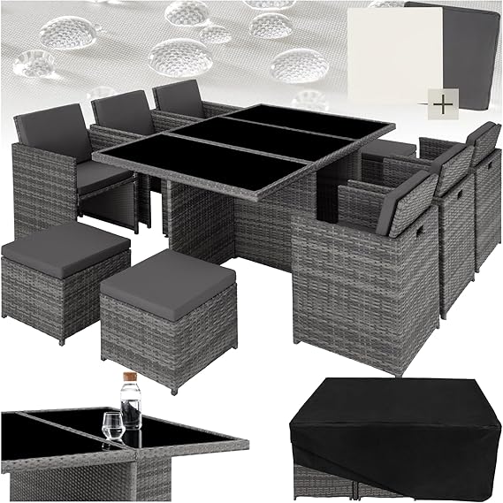 tectake® Polyrattan Garden Furniture Set Set with 6 Chairs + 1 Glass Top Table + 4 Stools Garden Lounge Set Foldable with Aluminium Frame for 10 People Balcony Furniture Includes 2 Cover Sets