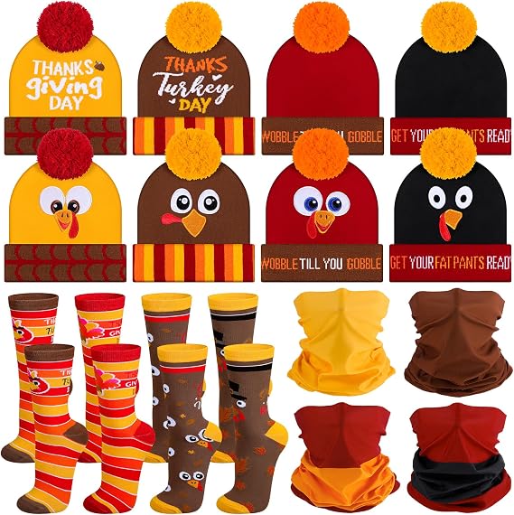 12 Pcs Thanksgiving Turkey Costume Accessories Set with Knitting Embroidery Turkey Hat Turkey Trot Socks and Neck Gaiter for Adults Men and Women Thanksgiving Party Costume Halloween Party Clothing