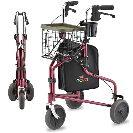 NOVA Traveler Folding 3-Wheel Walker with Tray, Basket, Pouch & Cup Holder, Lightweight Mobility Aid for Seniors & Adults, 8 All-Terrain Wheels for Tight Spaces & Travel, Red