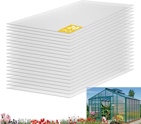 20 Pack Polycarbonate Greenhouse Panels, 2'x4' Twinwall Clear UV Protected Sheets for Greenhouse Roofing, Waterproof Durable Outdoor Plant Stand Cover