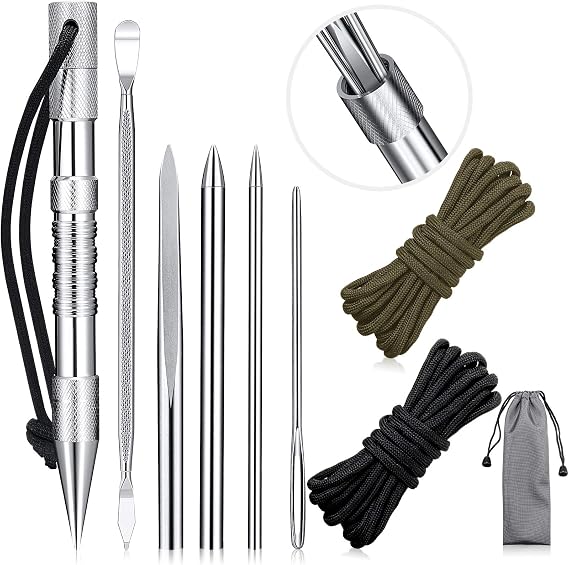 Sumind Stainless Steel FID Set 9 Pcs Paracord FID Marlinspike Set Paracord Stitching Lacing Stitching Needles and Smoothing Tool Knotter Tools for Leather or Paracord Work