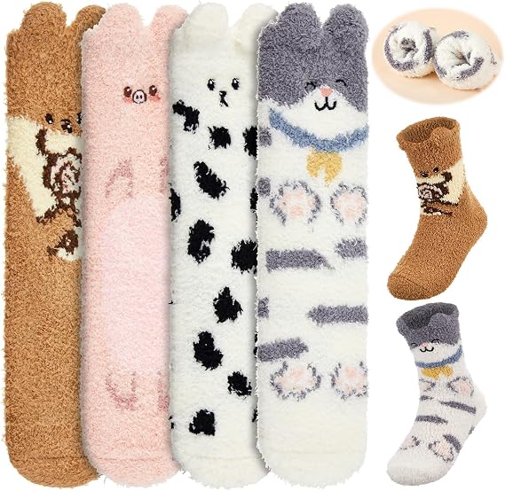 Chicingyou 4 Pairs Funny Fuzzy Silly Socks for Women Christmas Novelty Soft Fluffy Cozy Sleep Crazy Slipper Animal Sock Gift