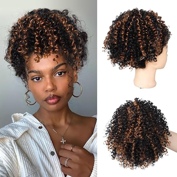 Highlight Brown Curly Drawstring Ponytail Extensions for Black Women Synthetic Short Brown Afro Curly Ponytail Drawstring 10inch Brown Ombre Messy Buns Hair Pieces for Women