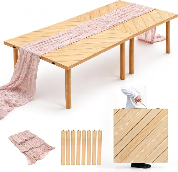 Folding Picnic Table for Indoor Outdoor, Portable Boho Low Picnic Table with Table Runner, 60" x 30" Wooden Table for Camping, Wedding, Beach, Garden, Party, Seats 6-8 People