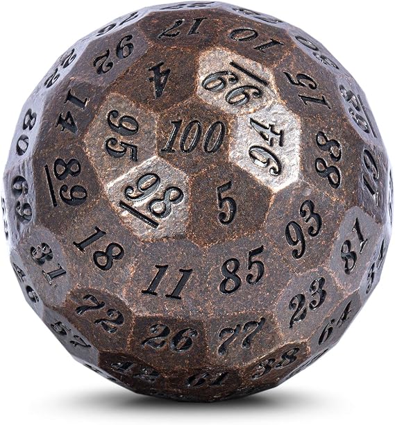 DNDND Ancient Copper Metal D100 Dice Single 100 Sided 50mm Polyhedral Dice with Metal Case and Velvet Pouch(Ancient Copper with Black Number)