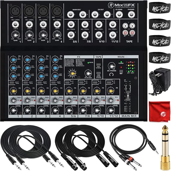 Mackie Mix12FX 12-Channel Compact Effects Mixer Bundle with 2x Mophead 10-Foot TRS Cable, 2x 10-Foot XLR Cable, 3-Foot 1/4" to 3.5mm TS Cable, 1/4" to 3.5mm Adapter, 4x Cable Ties, Microfiber Cloth