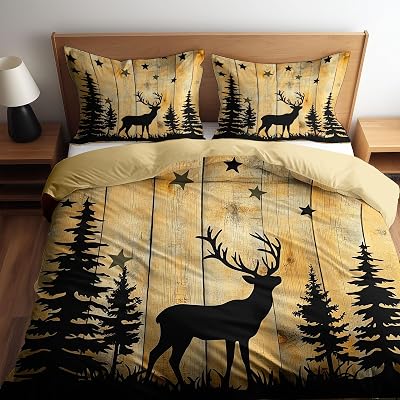 3PCS Luxury Farm Wood Texture Trees Deer Print Duvet Cover California King Bedding Sets, Beige Print Quilt Cover for Baby Boys Girls Kids, Modern Bedroom Decor Aesthetic, 2 Pillow Cases