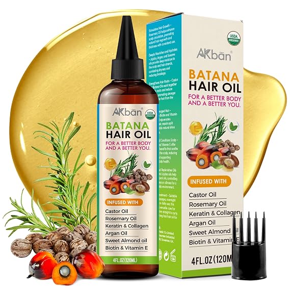 AKBAN Hair Growth Oil with 100% Pure Batana, Castor, Rosemary & Pumpkin Seed Oils Infused with Biotin, Keratin & Vitamin E Strengthening & Thickening Treatment for Healthy Hair 4 FL OZ
