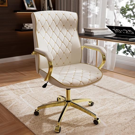 HomeZeer White and Gold Office Chair, Luxury Leather Executive Desk Chair