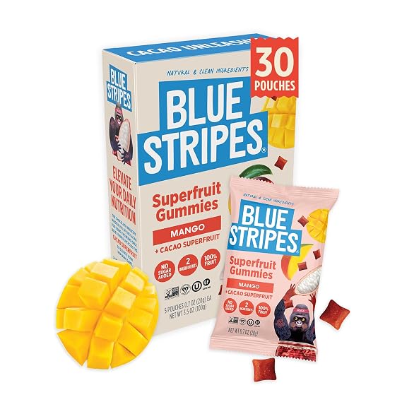 Blue Stripes Mango Cacao Fruit Gummies - Single Serving Pouches (6 x 5ct) | No Sugar Added, Vegan Gummy for Kids & Adults | Two Ingredient Fruit Snack | 30 Snack Size Pouches for School, Travel, Work