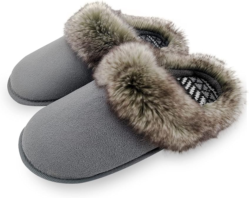 ofoot Womens Winter Warm Comfortable Moccasins Faux Fur Suede Slip On Slippers Mules Furry House Shoes