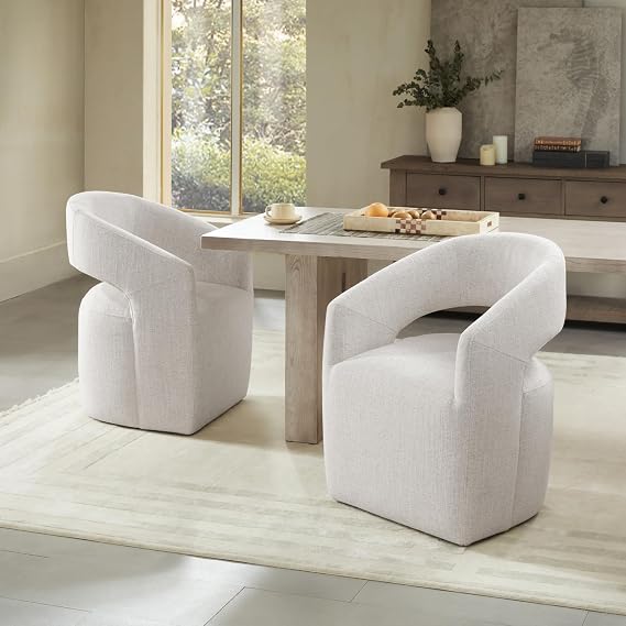 KISLOT Upholstered Dining Chairs with Casters, No Assembly Modern Barrel Armchair with Rollers for Dining Room, Bedroom, Living Room, Reading Room, Home Office, Set of 2, Beige