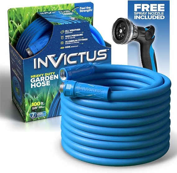 INVICTUS 100 Ft Garden Hose with Sprayer Nozzle, 2-Layer Heavy Duty Drinking RV Water Hose 100 Ft x 5/8 in. Flexible, Lightweight, NON Expandable, Kink Resistant, Easy Connect Fittings
