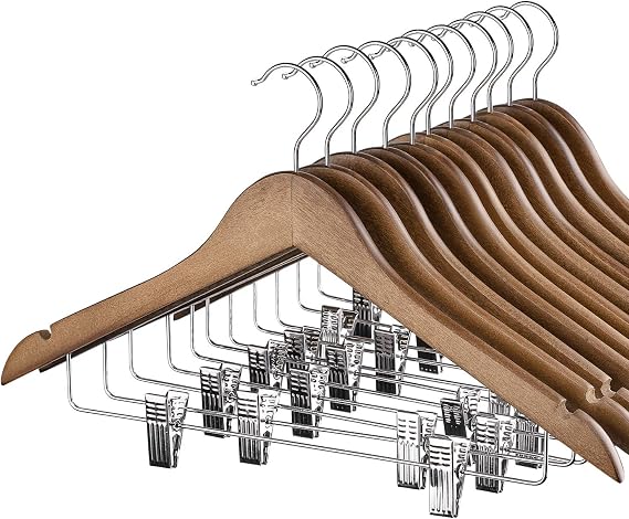 HOUSE DAY Wooden Hangers with Clips 12 Pack, Suit and Pants Hangers, Walnut