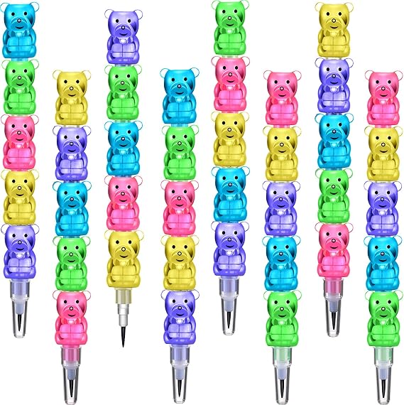 Boao 30 Pcs Bear Stackable Pencils for Kids 5-in-1 Plastic Stackable Pencil