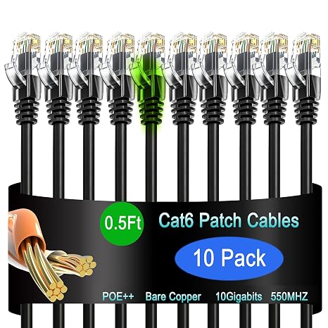 Cat6 Ethernet Patch Cable 0.5 ft (10 Pack), Cat6 Patch Cable 26AWG Pure Copper for Data Centers, Cat 6 Patch Cable 10G, Network Patch Cables for Home and Enterprise Network -Black