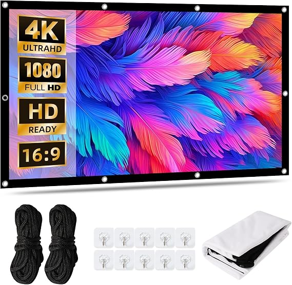 Screen Projector 100 Inch 16:9 4K HD Portable Projection Screen Made of Thickened Milk Silk Includes 10 Hooks & 2 Tying Ropes Suitable for Home Cinema Office School and Outdoor Use