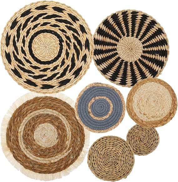 YUNYOUC 7Pcs Boho Wall Basket Decor, Wall Hanging Wicker Basket Rattan Decor, Handmade Round Macrame Hanging Woven Baskets for Living Room Bedroom Dining Room Office(7PCS)