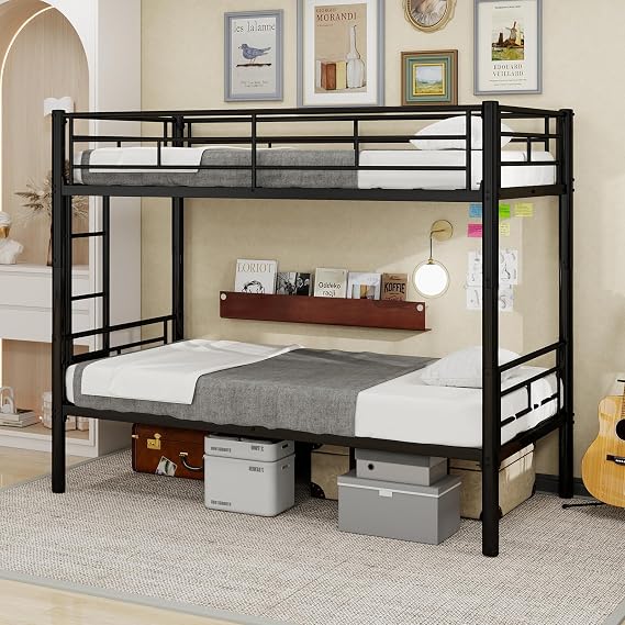 Black Metal Bunk Bed Frame, Reinforced Iron Single Loft Bed with with Safety Guard Rail & Ladder, Heavy Duty High Sleeper Bed for Kids & Adults, Space Saving Bed for Bedroom Dormitory