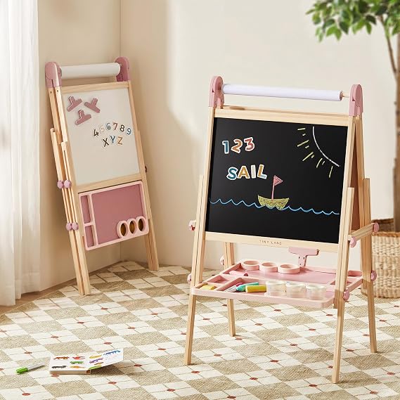 Tiny Land Foldable Wooden Kids Easel with Magnetic Letters & Numbers | Folds flat for storage, Spelling and counting through play, Double-sided board, 3 heights, Paper roll included. Soft Pink