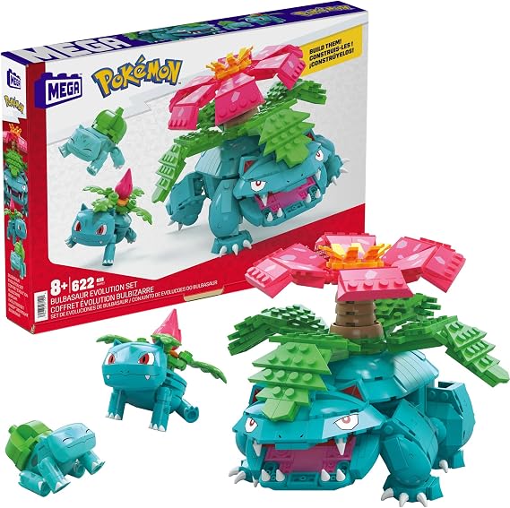 MEGA Pokemon Action Figure Building Toys, Bulbasaur Evolution Set with 622 Pieces, 3 Poseable Characters, Bulbasaur and Venusaur, for Kids