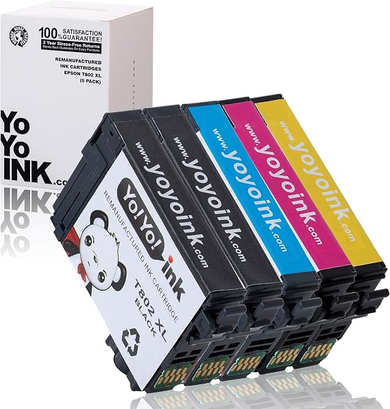 5-Pack Remanufactured Ink Cartridge Replacement for Epson T802XL 802 XL (2 Black, 1 Cyan, 1 Magenta, 1 Yellow)