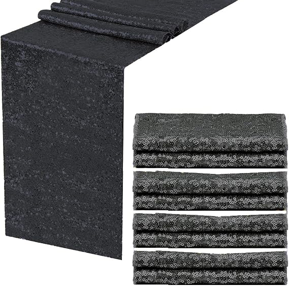 Black Sequin Table Runner 4Pack 12 x 108 inch Long Table Runners,Glitter Shiny Fabric Runner for Round Rectangle Table Decorations Reception Party Graduation Event Halloween Birthday Banquet