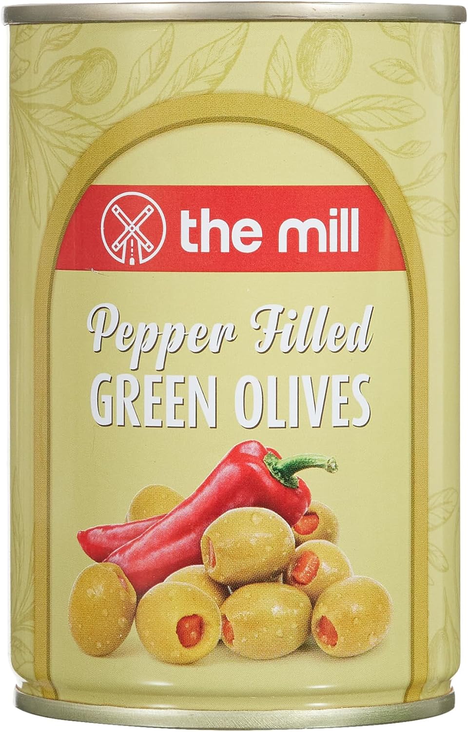 The Mill Pepper Filled Green Olive Tin Pack of 12 - Strained Weight: 100 g - 361-400 pieceskg - Seedless - Pickled - Northern Aegean Region Olives - Rich in Vitamins and Antioxidants